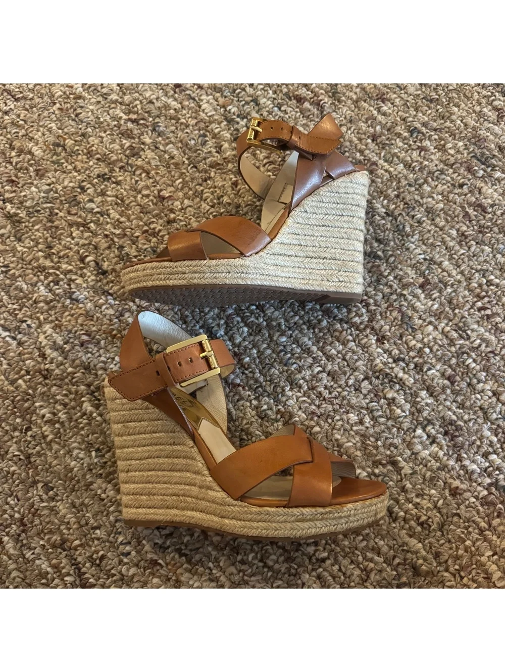Women’s Michael Kors Wedge Sandals Brown Leather Strap Size 7M Medium Width